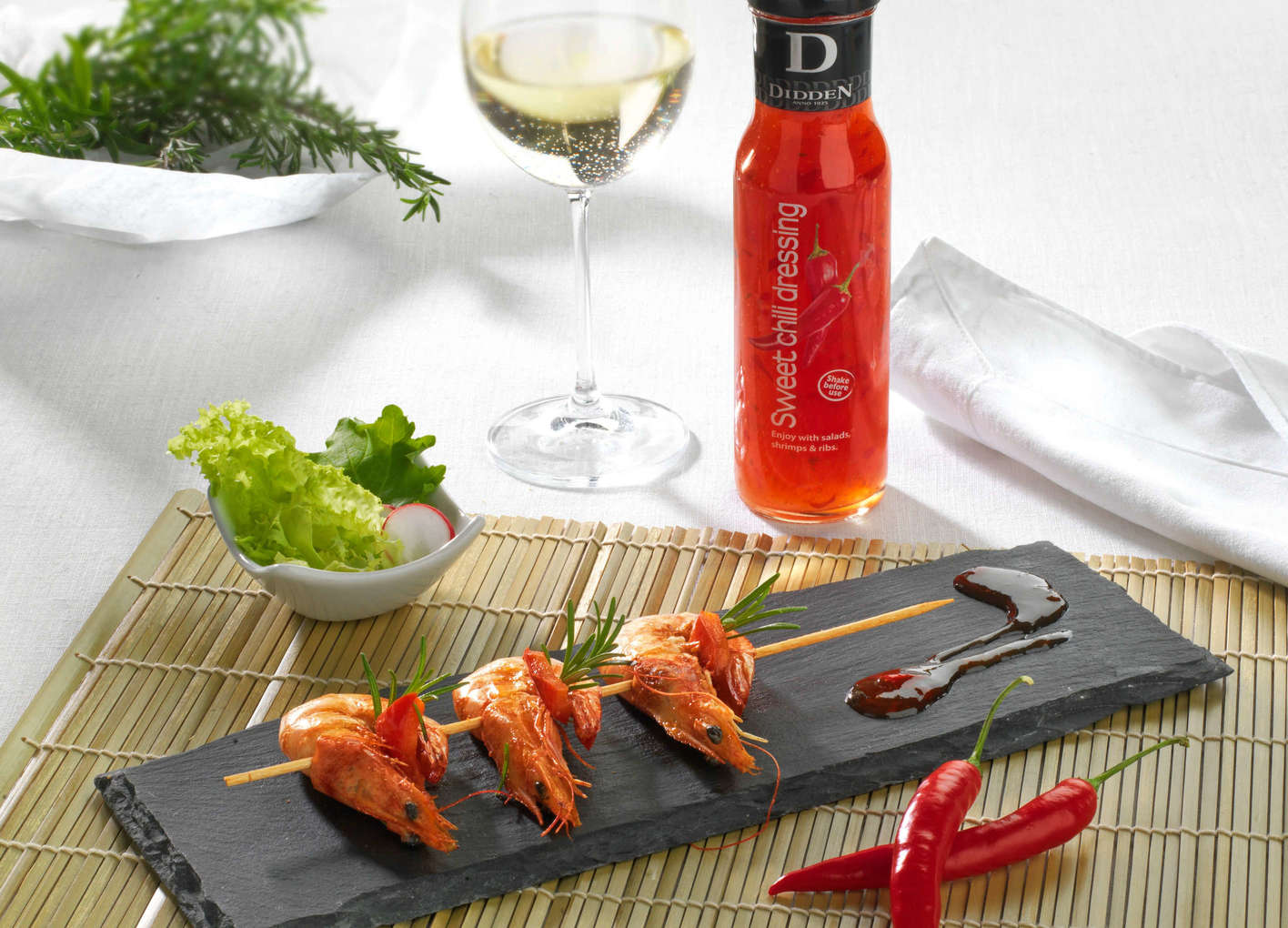 King Prawns skewers with Sweet Chili Dressing