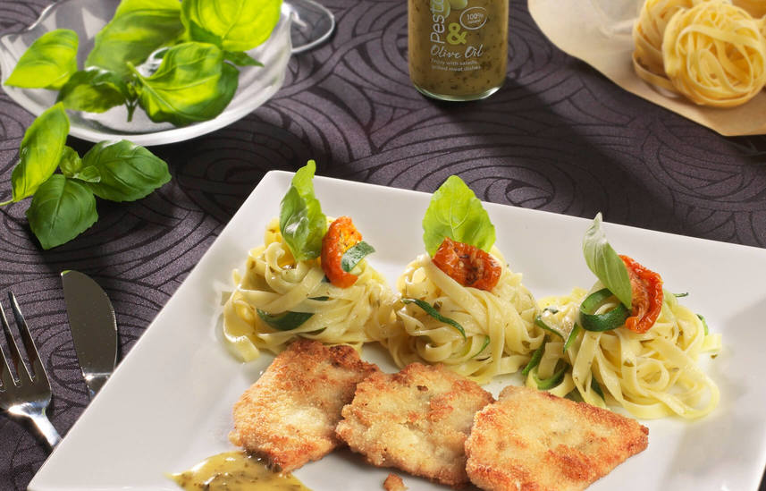 Veal Piccata and Pesto Dressing