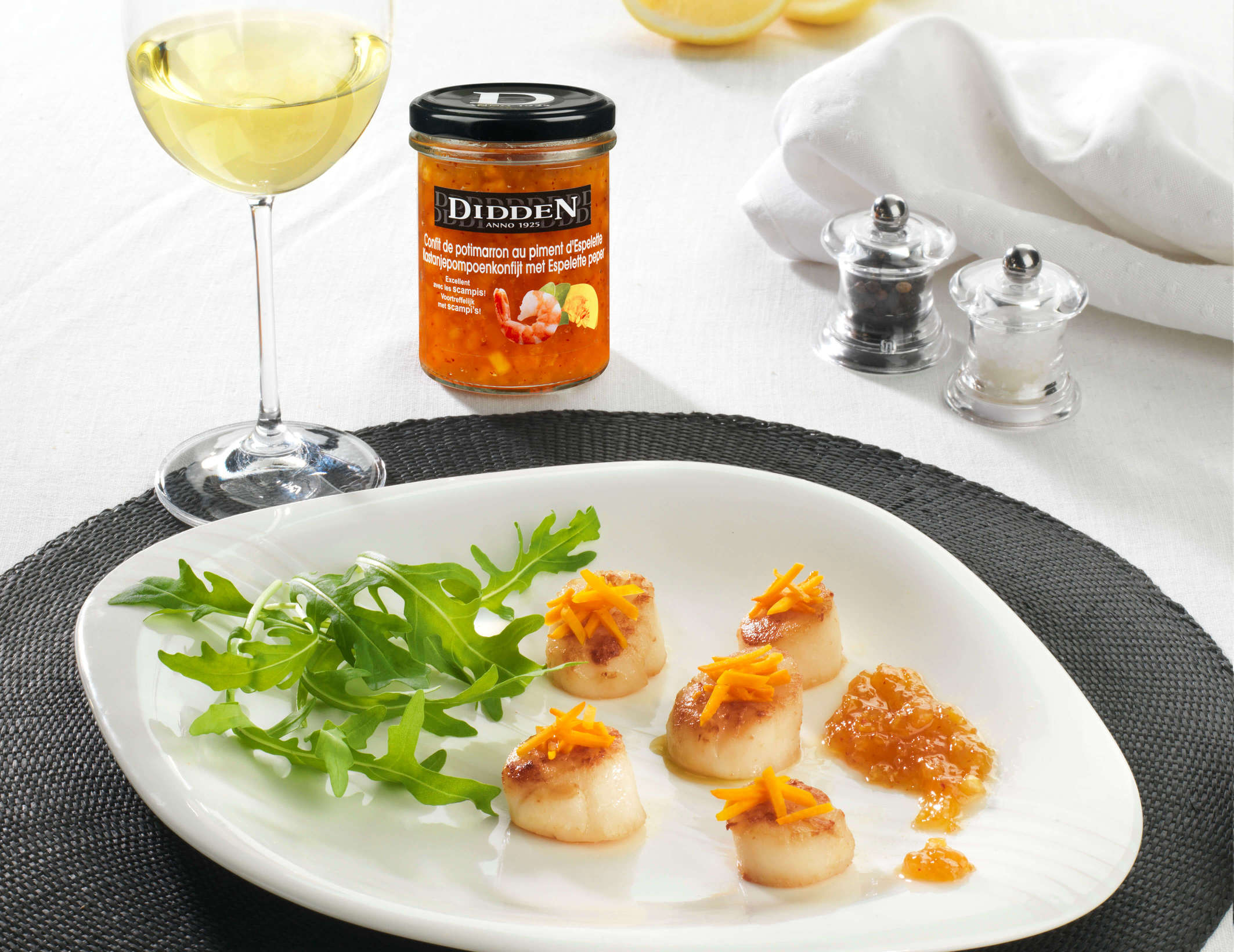 Pan-fried scallops with Red Kuri Squash confit